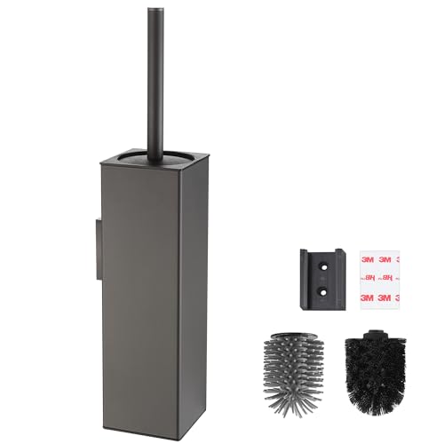 BVL Klobürste Wandmontage Grau, Klobürstenhalter ohne Bohren Metall Inklusive 2 Bürstenköpfe, Toilettenbürste Silikon WC Bürste Eckig