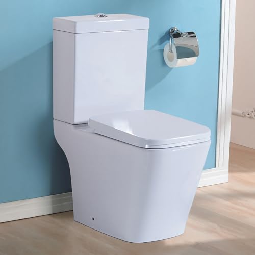 Image of Rimless Close Coupled Toilet Back to Wall Bathroom Toilet Ceramic White WC Pan & Cistern Soft Close Seat Modern Square Comfort Height ECO Flush Toilets for Bathrooms