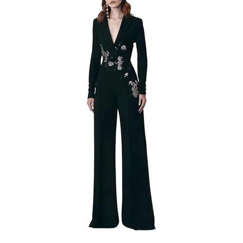 Women's Beaded Jumpsuit Long Sleeve High Waist | Lapel Tailored One-Piece | Office...