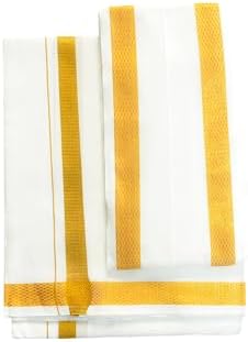 Gowri Tex Men's 100% Pure Cotton White With Gold Jari Lungi in Size 2 Mtrs Single Lungi- Pack Of 1