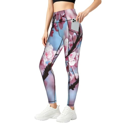Pantalones de yoga con flores de cerezo QYUHBNS leggings opacos mallas de fitness con bolsillos