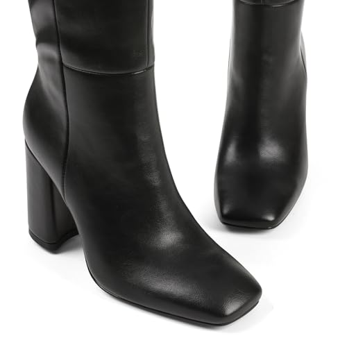 mikarka Women's Square Toe Knee High Boots: Chunky High Heel Tall Boots for Women - Half Zipper Vegan Leather Fashion Long Fall Heeled Boots3