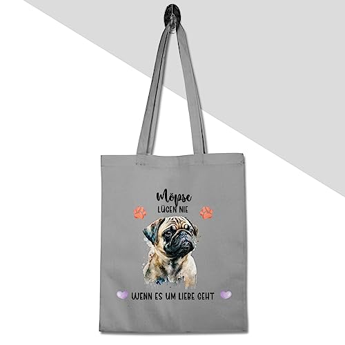 Baumwolltasche - Hunde - Mops - Geschenk Hundebesitzern - Unisize - Hellgrau - tasche hund hundebesitzer motiv einkaufstasche geschenke für hundefans hundemotiv stofftaschen bag with dog hunden