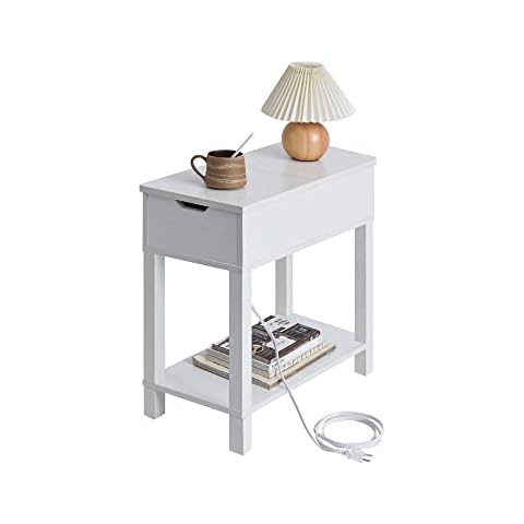 Labcosi Modern Farmhouse Side Table, Narrow End Table with Charging Station, Flip Top End Table with Storage Shelf, White Cover