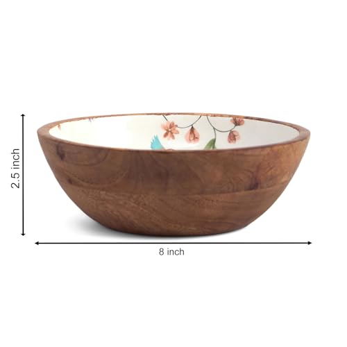 Image of SAAGA Printed Mango Wood Mixing Bowl - 8 x 2.5 Inch Large Wooden Serving Bowl | Stylish Salad, Fruit & Snack Bowl - Mistletoe Finish