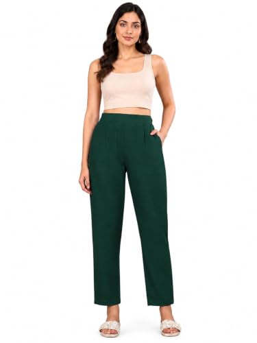 Image of Yash Gallery Women's Regular Fit Mid Rise Solid Cotton Slub Ankle Length Regular Trouser Pant