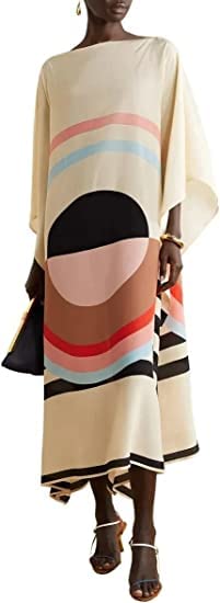 Image of Printed Lounge Wear Calf Length Silk Crepe Kaftan, Tunic, Summer Loose Caftan, Soft Dress Gift for Her, Party Wear Kaftan 5598 White One Size