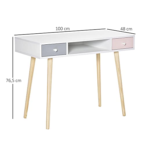Miniatura 3 de Homcom Mesa De Escritorio Infantil Mesa Consola Con 1 Compartimento Abierto Y 2 Cajones Estilo Nórdico Para Estudio Entrada Dormitorio 100x48x76,5 Cm Multicolor