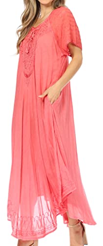Image of Sakkas Egan Long Embroidered Caftan Dress /Cover Up with Embroidered Cap Sleeves