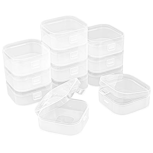 Image of 12 Pieces Square Empty Mini Clear Plastic Storage Box, 3.54x3.54x1.5 inch | Hinged Lids, For Small Items, Craft Projects