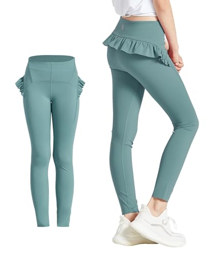 Girls Leggings with Cute Ruffle Hem High-Waist Yoga Leggings Dance Workout Pants Soft Comfort Tights 4-16Y