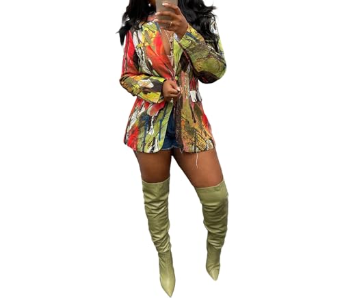 THLAI Women Jacket Button Down Lapel Color Block Jacket Printed Suit