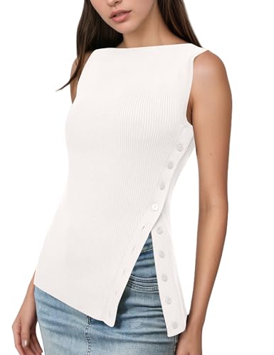 OLAPTA Women Asymmetrical Button Down Side Split Sleeveless