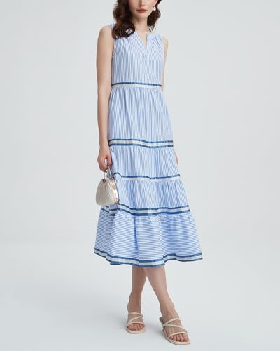 Women's Sleeveless Striped Tiered Maxi Dress Casual V Neck A Line Long Flowy Beach Dress4