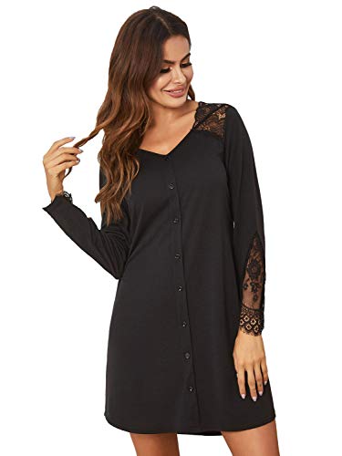 Chruikar Femme Manches Longues Chemises de Nuit Fille Dentelle avec Bouton Robe de Chambre Doux Confortable Casual Ample Peignoirs de Bain Sexy Au-Dessus du Genou S-2XL Cover