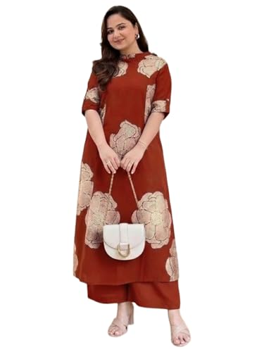 Image of ANNI Designer Women Viscose Blend Straight Fit Printed Kurta Palazzo Set | Mandarin Neck Outfit | Lightweight Breathable Fabric | Comfortable Elegant Styling for Office Casual Wear