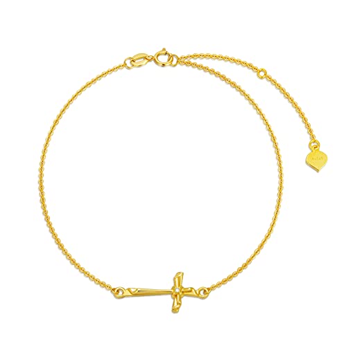 Sisgem 14K Real Gold Cross Bracelets For Women Girls,Yellow Gold Cross Bracelet Religious Faith Jewelry Gifts For Birthday Christmas 6.5+2 Inch (14K Gold-Yellow) #TOP23