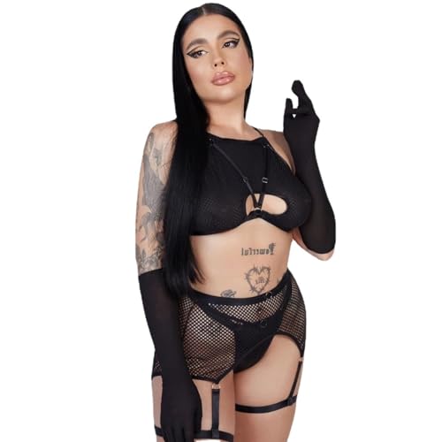 Lingerie érotique trois pièces en maille ajourée pour femme