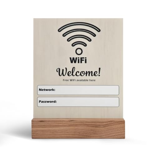 WiFi Password Sign for Guest Room - Writable Acrylic Board with Walnut Wood Stand - Modern WiFi Sign for Home, Guest Room, Office (Beige+White)