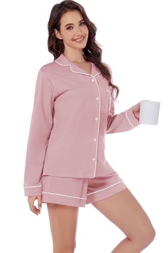 Image of LUBOT 100% Cotton Pajamas for Women 2PC PJ Set Womens Soft Long Sleeve Button-Down Shirt Two Piece Set Sleepwear Loungewear Night Suit (Ash Pink, 2XL)