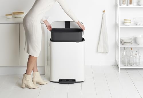 Image of Brabantia Bo Step-On Pedal Trash Can - 16 Gal Inner Bucket (White) Waste /Recycling Garbage Can, Removable Compartment