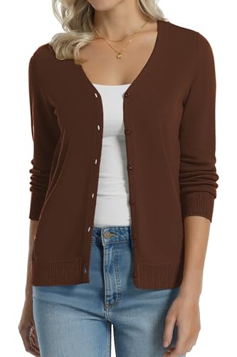 Image of QUALFORT Women's 100% Cotton Lightweight Cardigans Long Sleeve Knitted Button Down Sweater