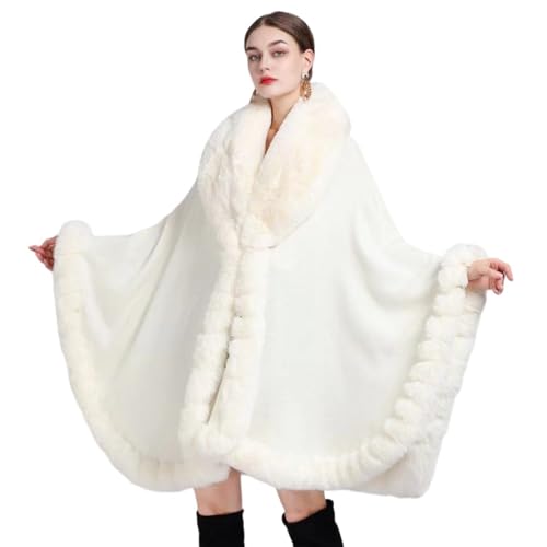 THERIM Poncho d'hiver en Fourrure pour Femmes Cape de Luxe en Fausse Fourrure Cardigan Chaud Cape Mi-Longue Enveloppes de Mariage,Blanc,One Size