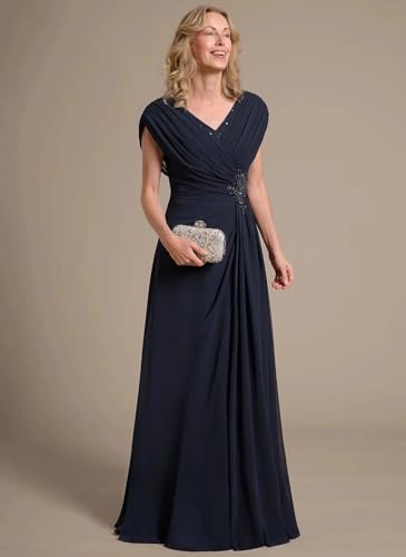 Women's Cap Sleeve Chiffon Mother of The Bride Dresses Long Pleated V Neck Evening Dress for Formal Gown4