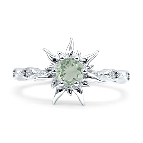 OMRANII Sun Ring Round Shaped Natural Green Amethyst Prasiolite Vintage Style Marquise Design Nature Inspired Wedding Enaggement Ring Solid 925 Sterling Silver