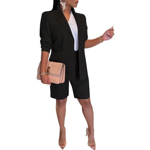 Women's Blazer Shorts 2 Piece Set Long Sleeve Open Front Blazer Short Suits Business Outfits