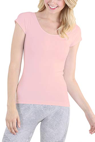 NIKIBIKI Women Seamless Cap Sleeve Scoop Neck Fitted Top, Made in U.S.A, One Size (Sugar Pink)