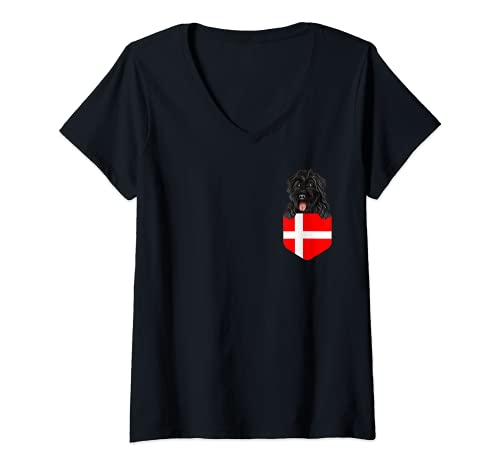 Womens Denmark Flag Bouvier des Flandres Dog In Pocket V-Neck T-Shirt, Black