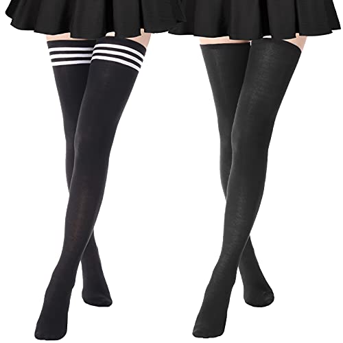 Image of AQOKKA Extra Long Thigh High Socks for Women Striped Over Knee Thigh Socks Long Boot Thigh High Stockings Leg Warmers