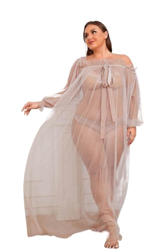 UPVV Women Long Mesh Nightgowns and Underpants Lace Babydoll Lingerie Sleepwear See Through Robe with Sleeve Dusty Pink