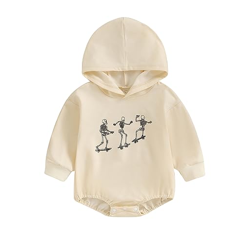 Image of xiqaalombvt Infant Baby Boy Girl Halloween Costume Spooky Skeleton Bubble Romper Hoodie Sweatshirt Romper Clothes Outfit (Skeleton Skater Beige, 0-3 Months)