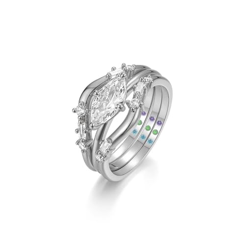 3-PC Marquise Cut Moissanite Ring Set | S925 Sterling Silver 1CT Bridal Jewelry, Contoured Bands with Fancy Side Stones, Non-Tarnish Stackable Rings for Women