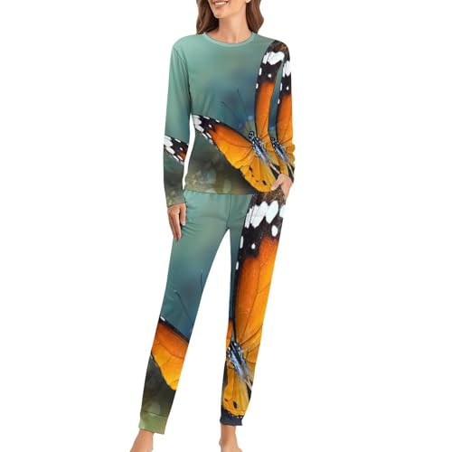 Pyjama femme Papillon avec t-shirt manches longues et pantalon fluide
