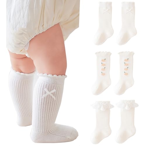 Apone Fatu Baby Knee High Socks Non Slip Grip Ankle Socks Ruffled Long Stockings for Infants Toddlers Kids Boys Girls Spring (US, Age, 0 Months, 6 Months, Flower)