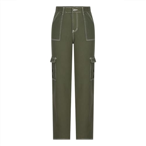 Women 2024 Stylish Cargo Pants High Waisted Patchwork Straight Fit Workwear Pants Button Zipper Streetwear Trousers3