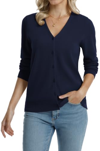 Image of QUALFORT Women's 100% Cotton Lightweight Cardigans Long Sleeve Knitted Button Down Sweater