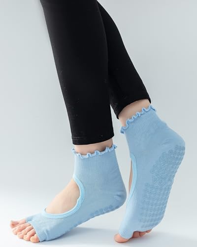 3 Pairs Pilates Socks Toeless with Grips Non Slip Ruffle Yoga Socks Grip Socks for Women3