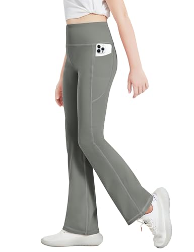 Desol Girls Flare Leggings with Pockets, High Waist Bootcut Yoga Pants, Dance Athletic Bell Bottoms for Teen &Kids Grey2