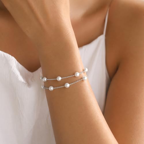 Image of DAYANEY Pearl Bracelets for Women, Gold Bracelet Silver Pearl Jewelry as Summer Gifts for Girls, Dainty Daisy and Heart Braclets Cute Floral Prom Jewelry for Bridesmaid Brazaletes Para Mujer