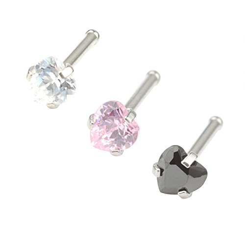feiyan86 20G Surgical Stainless Steel 3mm Assorted Colors Heart Diamond Cubic Zirconia Nose Rings Studs Piercing Ear Body Piercing