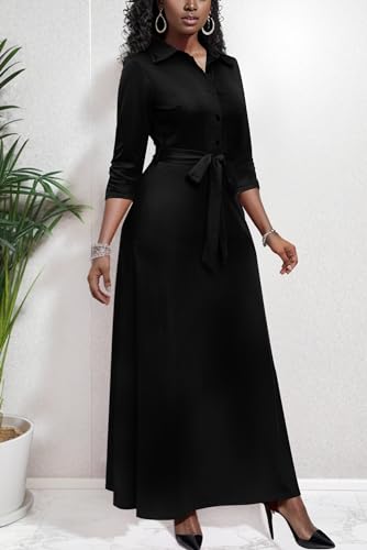 Runwind Women Church Maxi Dresses 3/4 Sleeve Button Down Print Casual Office Dress African2