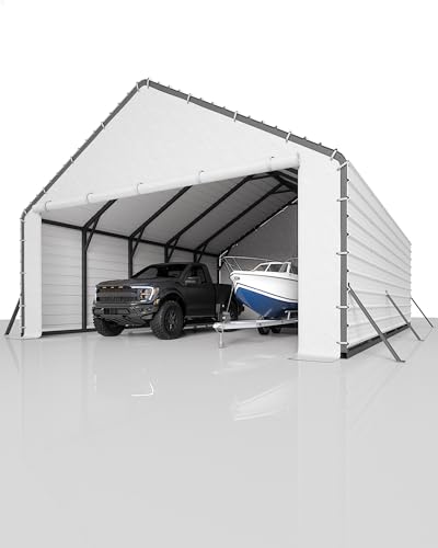 Image of GarveeLife Heavy-Duty PE Enclosure Kit (2-Pack) for Metal Carport - 220gsm Roll-Up Zipper Door Panels for 20x25, 20x20 ft, with Ball Bungees, White