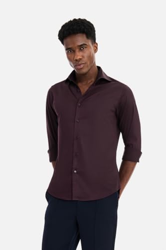 Image of SNITCH Men Formal Shirt | Tailored Slim Fit Full Sleeve Spread Collar Solid Style | Breathable Polyester Viscose Blend Twill Fabric for Office & Evening