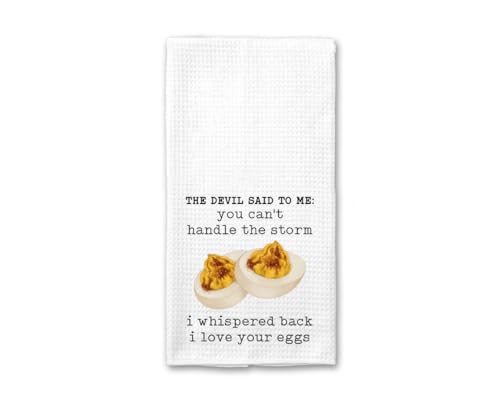EllisDesign The Devil Said to Me: You Can't Handle The Storm - I Whispered Back I Love Your Eggs Kitchen Towel - Safe Word Funny Kitchen Towels - Deviled Eggs Kitchen Hand Towels - Smut Reader Gift