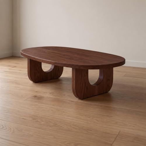 Image of Mango Wood Oval Coffee Table for Living Room, Modern Wooden Center Table with Unique U-Shaped Legs, Walnut Finish