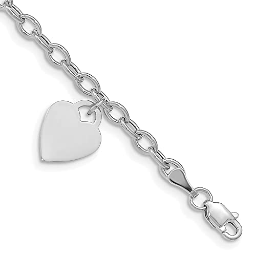 Sonia Jewels Real 14k White Gold Dangle Heart Charm Bracelet - with Secure Lobster Lock Clasp 7.5
